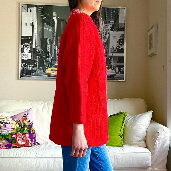 Bright red knit open front cardigan with white knit pattern - Picture 4 of 12